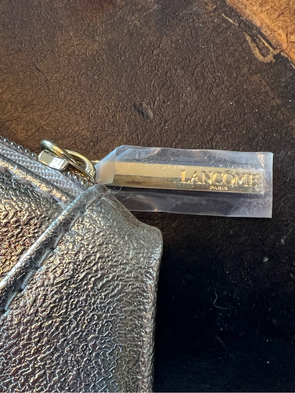 Lancome Metallic Gold Makeup Pouch with Gold Logo Tag